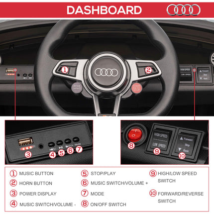 Audi TT RS 12V Rechargeable Ride On Car with Remote, Lights, Horn, MP3 Player, Seat Belt - Black