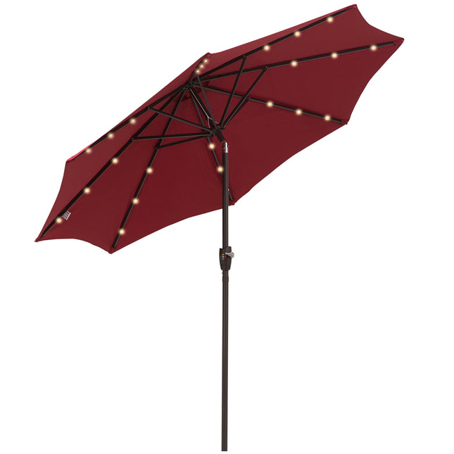 2.7m Solar Garden Parasol with 24 LED Lights and Tilt Crank - Red