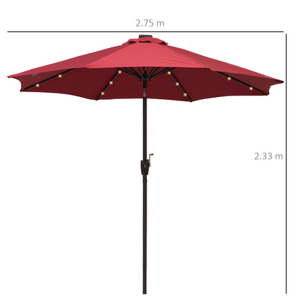 2.7m Solar Garden Parasol with 24 LED Lights and Tilt Crank - Red