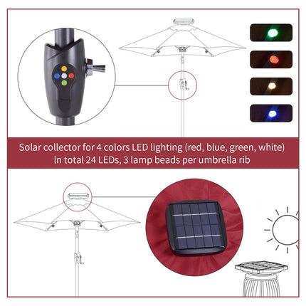 2.7m Solar Garden Parasol with 24 LED Lights and Tilt Crank - Red
