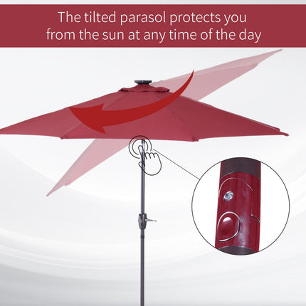 2.7m Solar Garden Parasol with 24 LED Lights and Tilt Crank - Red