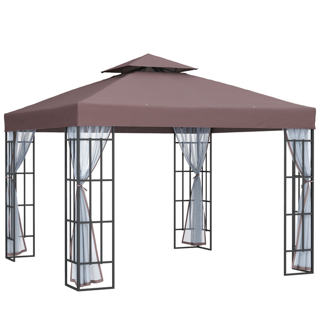 3x3 Metre Patio Gazebo Canopy with Mosquito Netting and Steel Frame - Coffee
