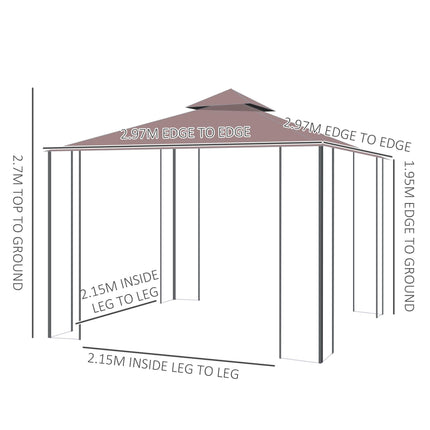 3x3 Metre Patio Gazebo Canopy with Mosquito Netting and Steel Frame - Coffee