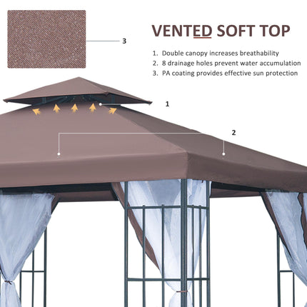 3x3 Metre Patio Gazebo Canopy with Mosquito Netting and Steel Frame - Coffee