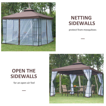3x3 Metre Patio Gazebo Canopy with Mosquito Netting and Steel Frame - Coffee