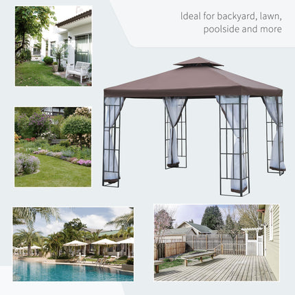 3x3 Metre Patio Gazebo Canopy with Mosquito Netting and Steel Frame - Coffee