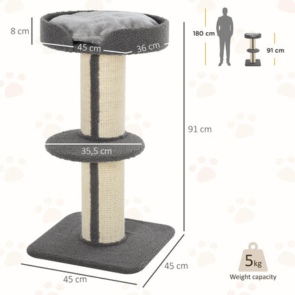 81cm Cat Tree with Sisal Scratching Post and Lamb Cashmere Perch, Climbing Frame with Large Platform - Grey