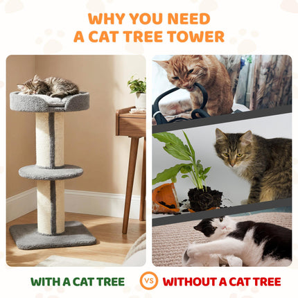 81cm Cat Tree with Sisal Scratching Post and Lamb Cashmere Perch, Climbing Frame with Large Platform - Grey