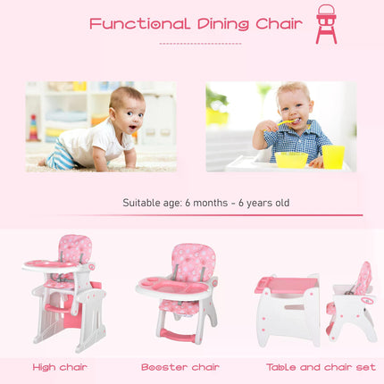HDPE 3-in-1 Baby Booster High Chair with Adjustable Backrest and Tray - Pink