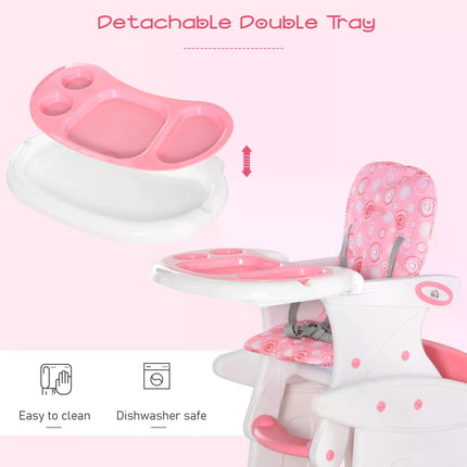 HDPE 3-in-1 Baby Booster High Chair with Adjustable Backrest and Tray - Pink