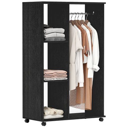 Open Wardrobe with Hanging Rail, Storage Shelves & Wheels - Black