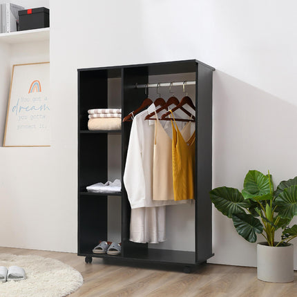 Open Wardrobe with Hanging Rail, Storage Shelves & Wheels - Black