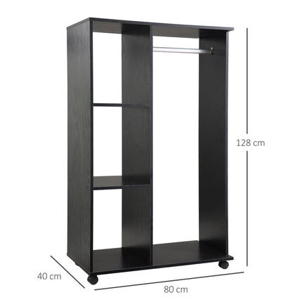 Open Wardrobe with Hanging Rail, Storage Shelves & Wheels - Black