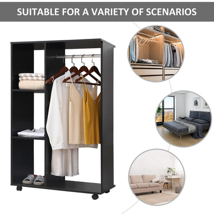 Open Wardrobe with Hanging Rail, Storage Shelves & Wheels - Black
