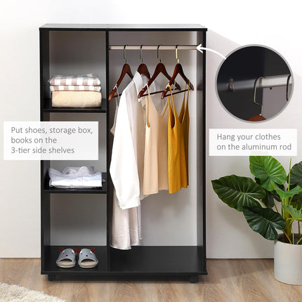 Open Wardrobe with Hanging Rail, Storage Shelves & Wheels - Black