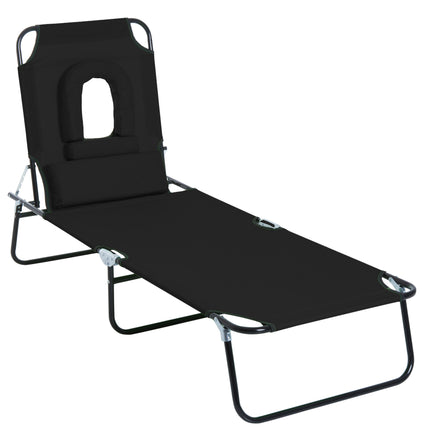 Foldable Adjustable Sun Lounger with Pillow and Reading Hole for Garden and Beach - Black