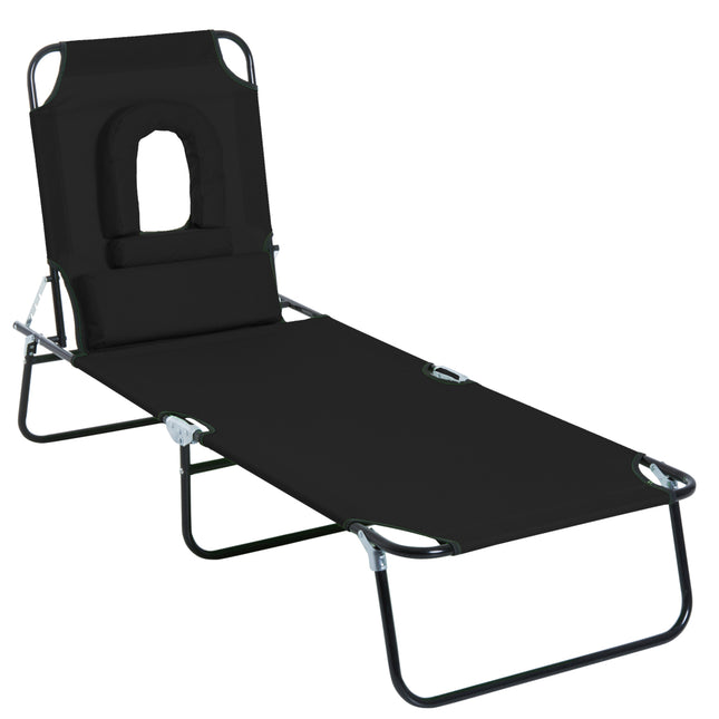 Foldable Adjustable Sun Lounger with Pillow and Reading Hole for Garden and Beach - Black