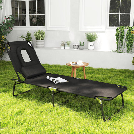 Foldable Adjustable Sun Lounger with Pillow and Reading Hole for Garden and Beach - Black