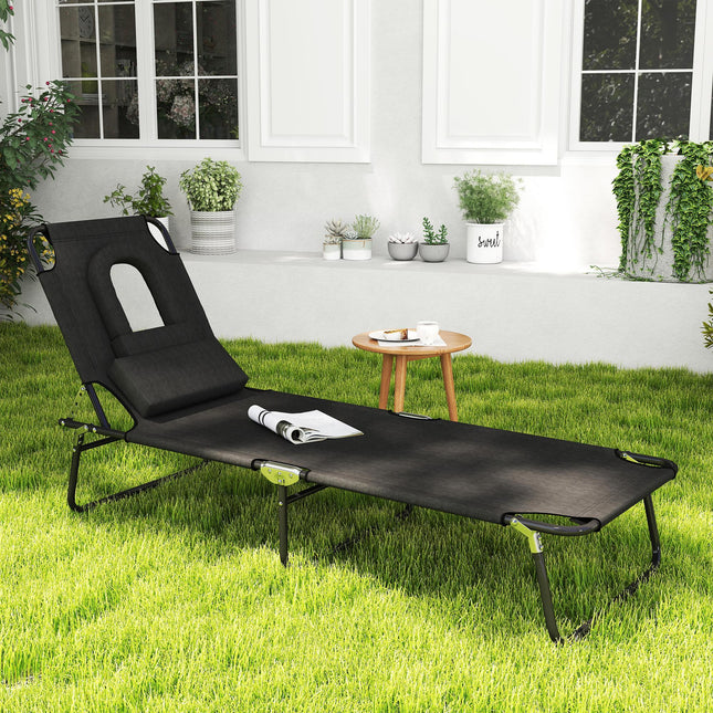 Foldable Adjustable Sun Lounger with Pillow and Reading Hole for Garden and Beach - Black