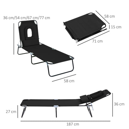 Foldable Adjustable Sun Lounger with Pillow and Reading Hole for Garden and Beach - Black