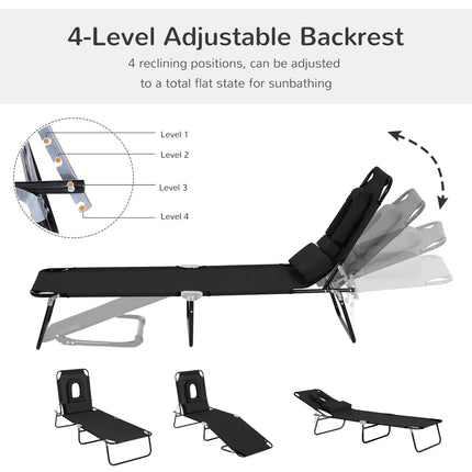 Foldable Adjustable Sun Lounger with Pillow and Reading Hole for Garden and Beach - Black