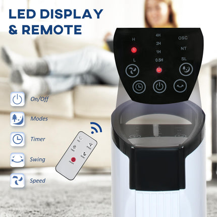 Freestanding Tower Fan 3 Speed 3 Mode 7.5h Timer 70° Oscillation LED Panel Remote - Black & White