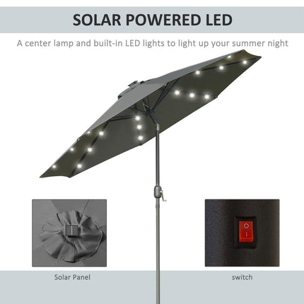 2.7m Garden Parasol with LED Lights and Tilt Crank - Grey