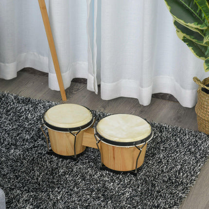 Wooden Bongo Drum Set with Sheepskin Heads 7.75" & 7" with Tuning Wrench - Brown