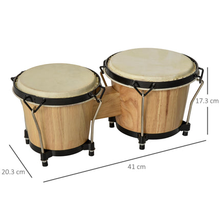 Wooden Bongo Drum Set with Sheepskin Heads 7.75" & 7" with Tuning Wrench - Brown