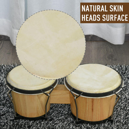 Wooden Bongo Drum Set with Sheepskin Heads 7.75" & 7" with Tuning Wrench - Brown