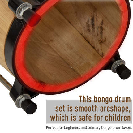 Wooden Bongo Drum Set with Sheepskin Heads 7.75" & 7" with Tuning Wrench - Brown