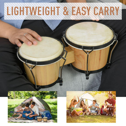 Wooden Bongo Drum Set with Sheepskin Heads 7.75" & 7" with Tuning Wrench - Brown