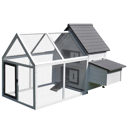 Wood Chicken Coop with Nesting Box, Ramp & Run for Backyard Poultry - Grey & White