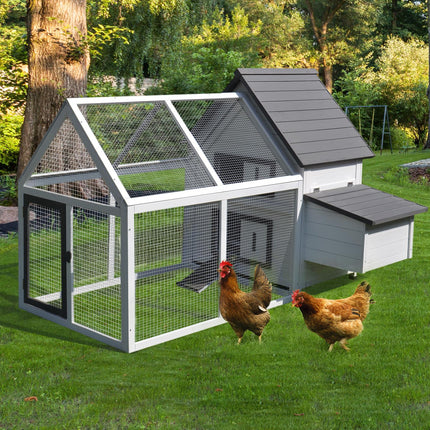 Wood Chicken Coop with Nesting Box, Ramp & Run for Backyard Poultry - Grey & White