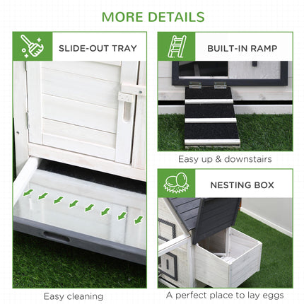 Wood Chicken Coop with Nesting Box, Ramp & Run for Backyard Poultry - Grey & White
