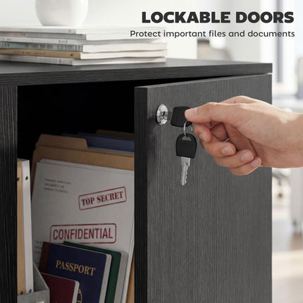 2-Tier Locking Office Storage Cabinet with Melamine Coating and Aluminium Handles - Black