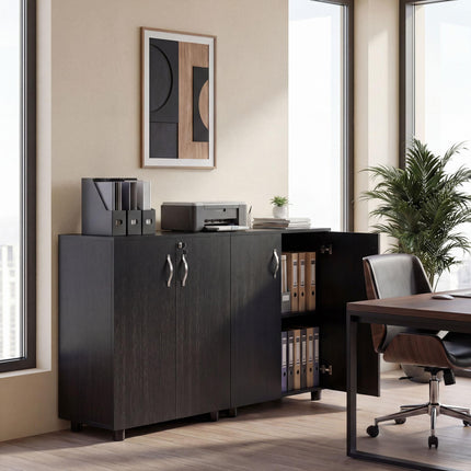 2-Tier Locking Office Storage Cabinet with Melamine Coating and Aluminium Handles - Black
