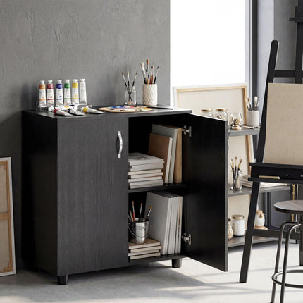 2-Tier Locking Office Storage Cabinet with Melamine Coating and Aluminium Handles - Black