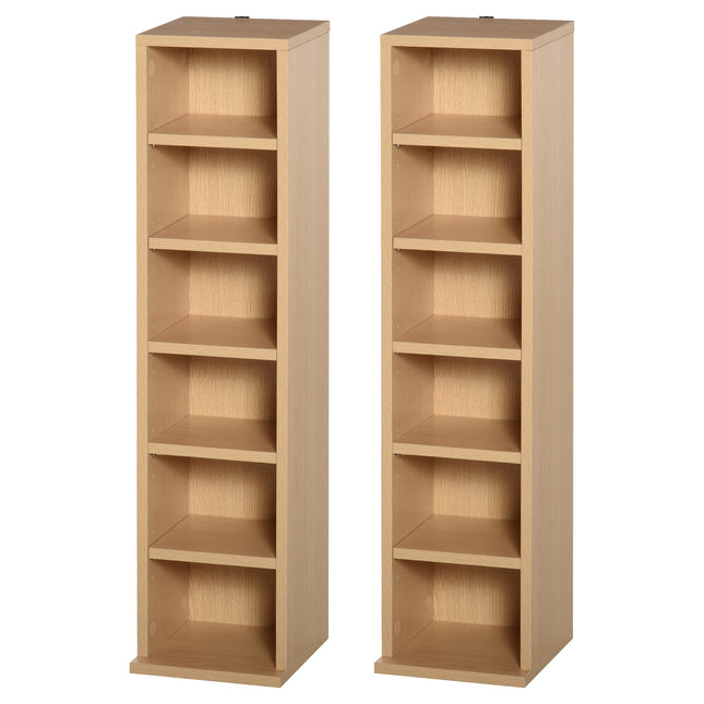 Set of 2 CD Media Display Shelf Units with Adjustable Shelves for Blu-Ray DVD Storage - Natural Wood Color