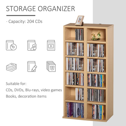 Set of 2 CD Media Display Shelf Units with Adjustable Shelves for Blu-Ray DVD Storage - Natural Wood Color
