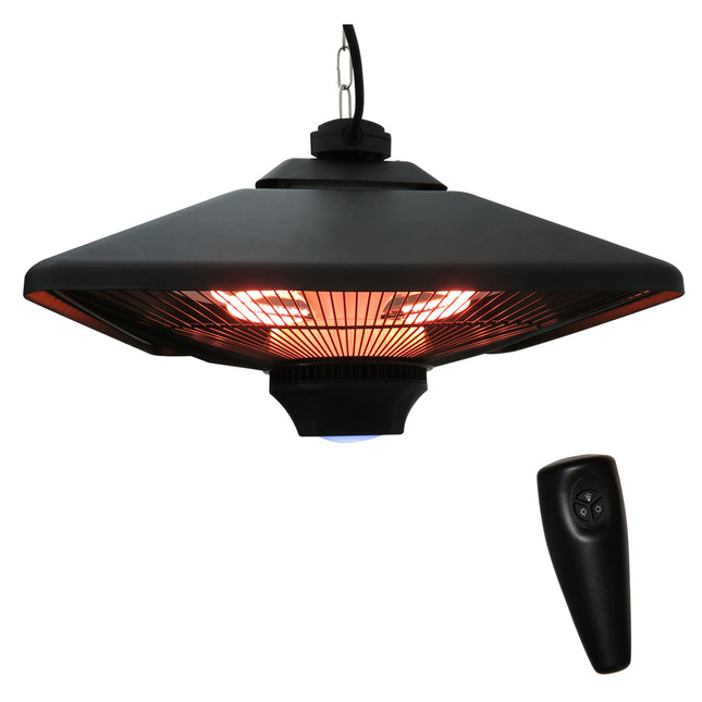 2kW Outdoor Hanging Ceiling Mounted Aluminium Halogen Electric Heater with LED and Remote Control - Black