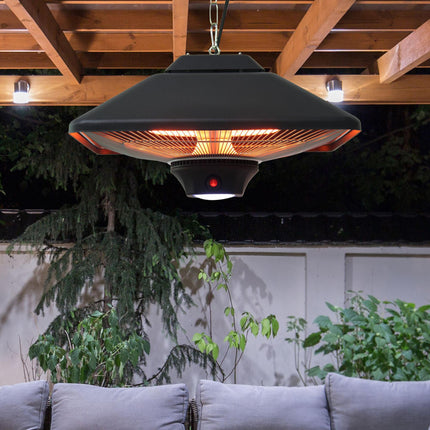 2kW Outdoor Hanging Ceiling Mounted Aluminium Halogen Electric Heater with LED and Remote Control - Black