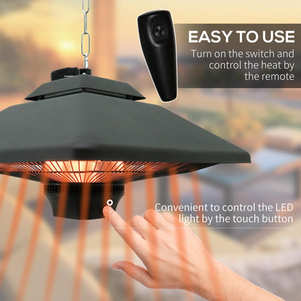 2kW Outdoor Hanging Ceiling Mounted Aluminium Halogen Electric Heater with LED and Remote Control - Black