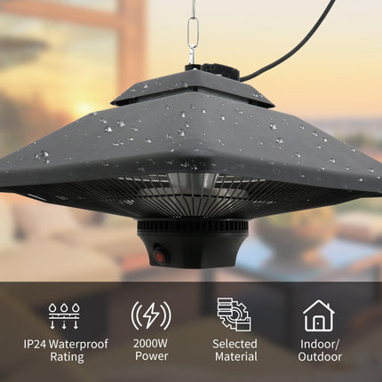 2kW Outdoor Hanging Ceiling Mounted Aluminium Halogen Electric Heater with LED and Remote Control - Black