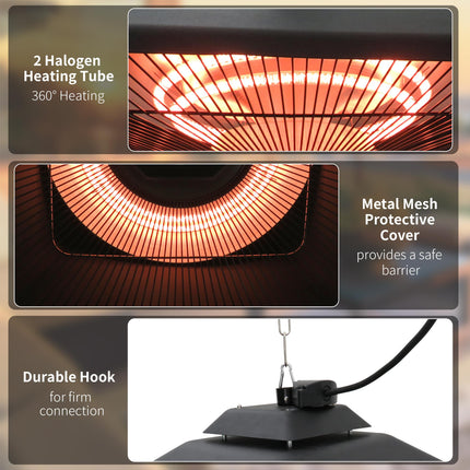 2kW Outdoor Hanging Ceiling Mounted Aluminium Halogen Electric Heater with LED and Remote Control - Black
