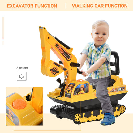 Kids Ride On Digger Excavator Toy Walker with Storage Basket for Toddlers 3 Years Old - Yellow