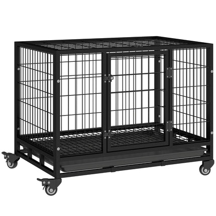 38" Heavy Duty Metal Dog Kennel with Crate Tray and Wheels Medium - Black
