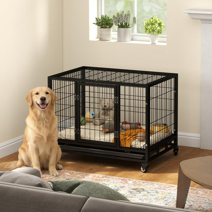 38" Heavy Duty Metal Dog Kennel with Crate Tray and Wheels Medium - Black