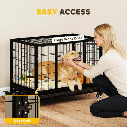 38" Heavy Duty Metal Dog Kennel with Crate Tray and Wheels Medium - Black
