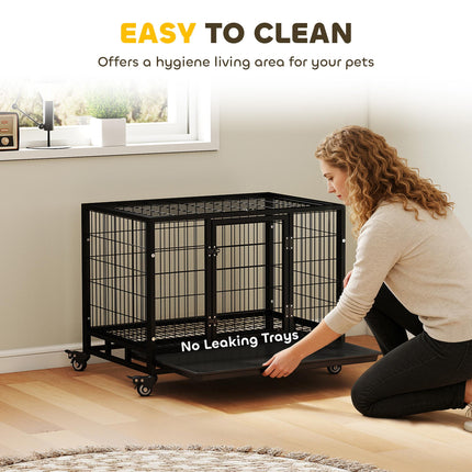 38" Heavy Duty Metal Dog Kennel with Crate Tray and Wheels Medium - Black